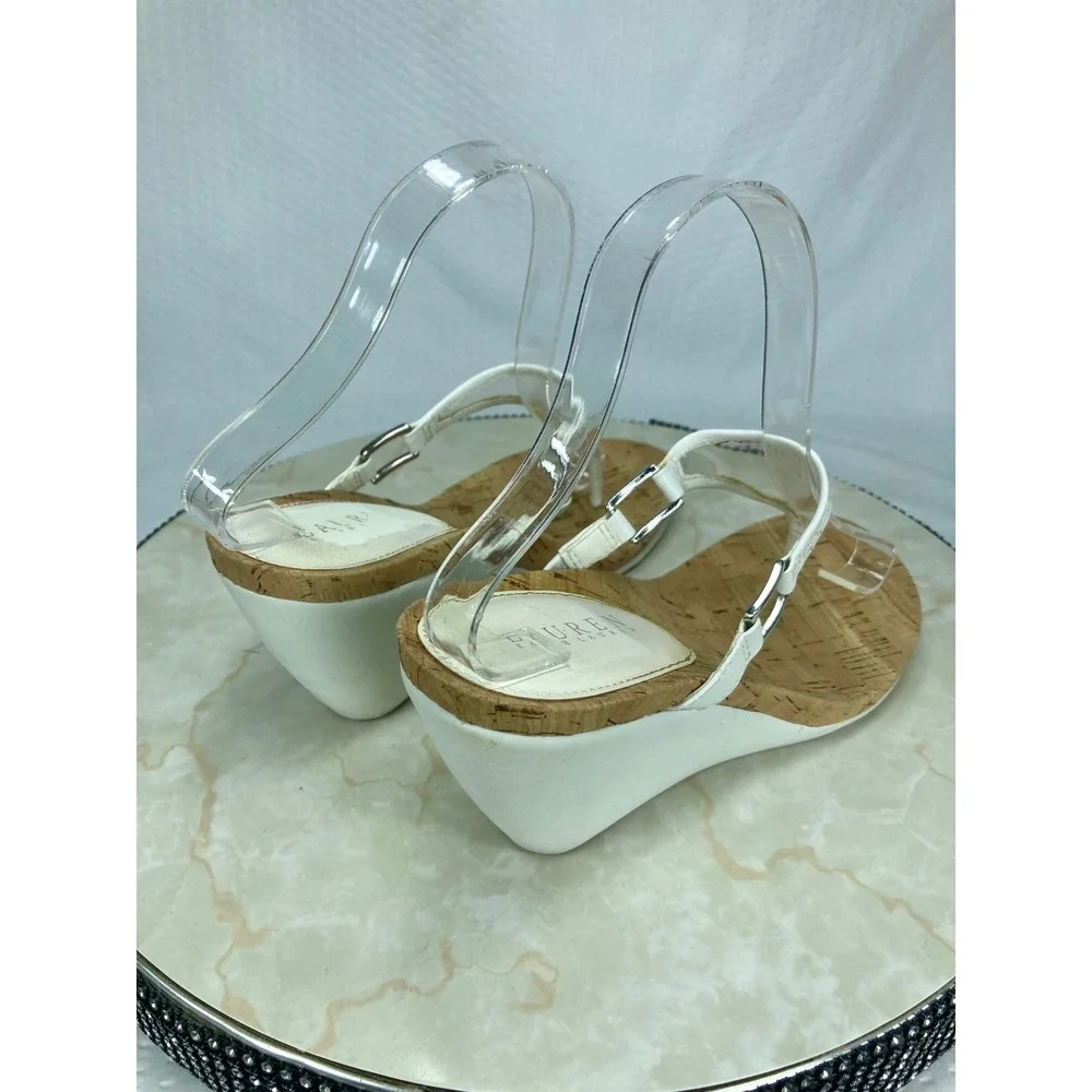 Lauren Ralph Lauren Rula Wedge Thong Sandals Women 8.5 White T-Strap Comfy Shoes